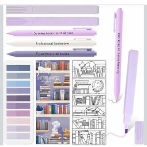 Book Lover Stationery Set Purple Pens Highlighters Bookmarks Stickers Journaling